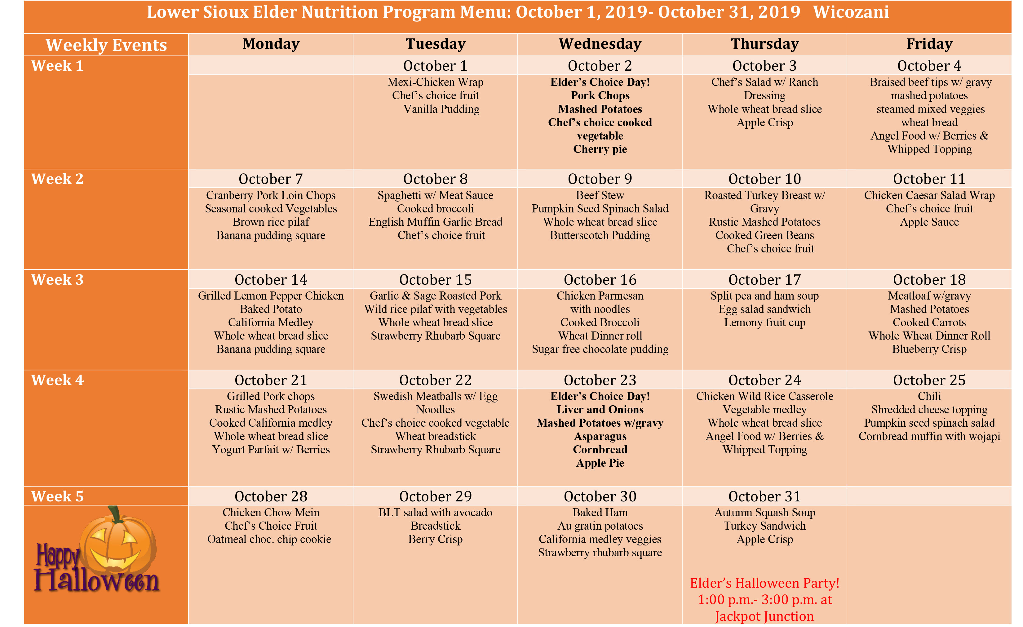 Elder Meal Calendar - October 2019 Elder Meal Calendar - October 2019