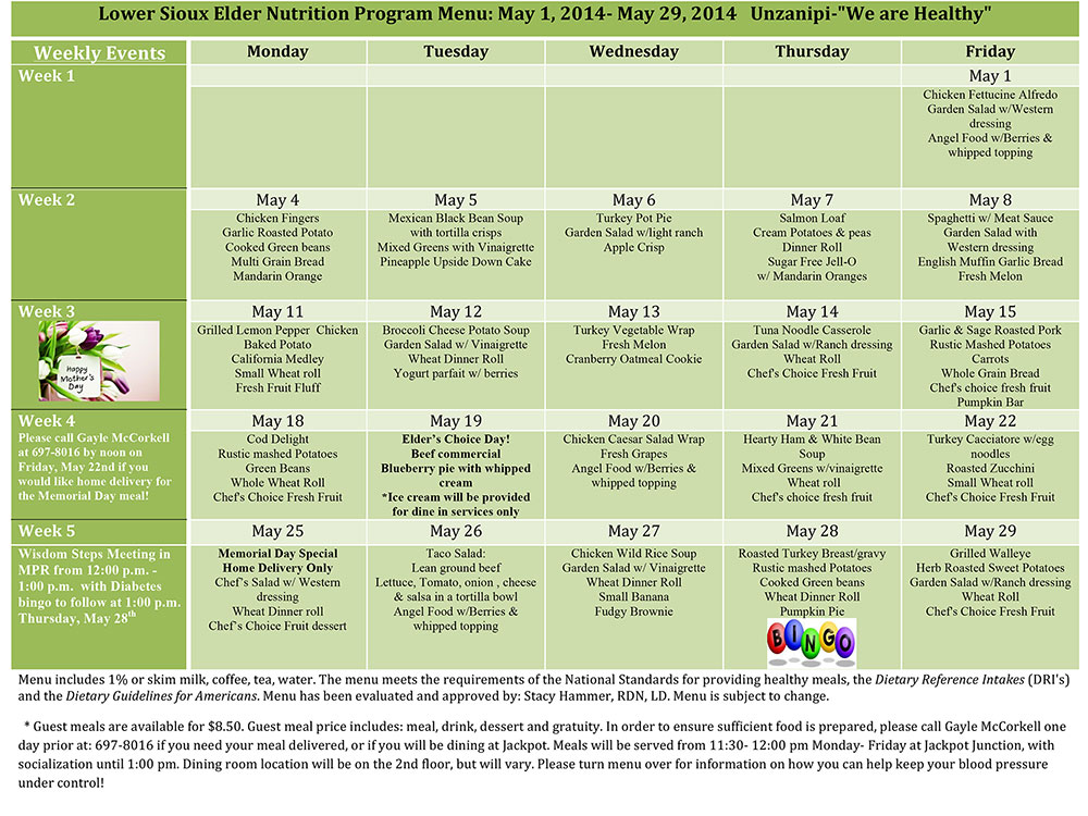 Elder Monthly Menu - Lower Sioux Health and Human Services – Lower ...