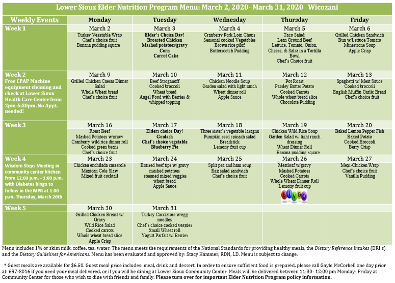 Elder Monthly Menu - Lower Sioux Health and Human Services